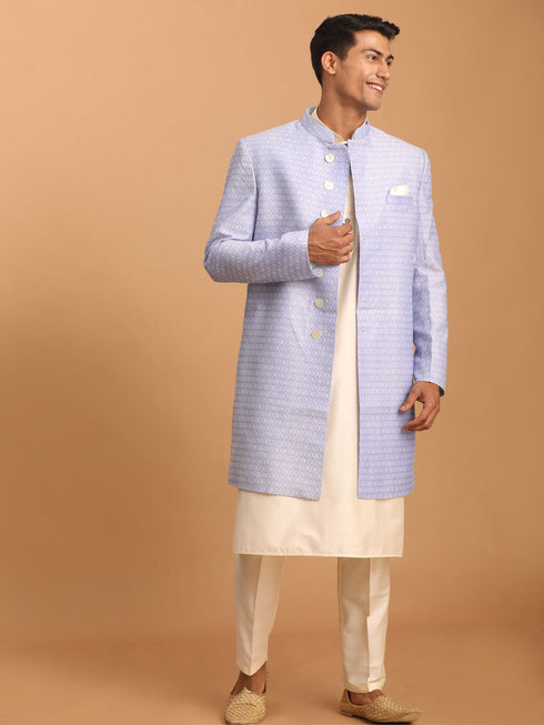 Vastramay Men's Lavender Sherwani With Cream Kurta And Pant Set
